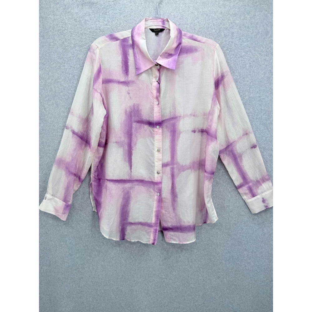 Massimo Dutti Button Up Shirt Womens 6 White Purple Tie Dye Silk Cotton Blouse